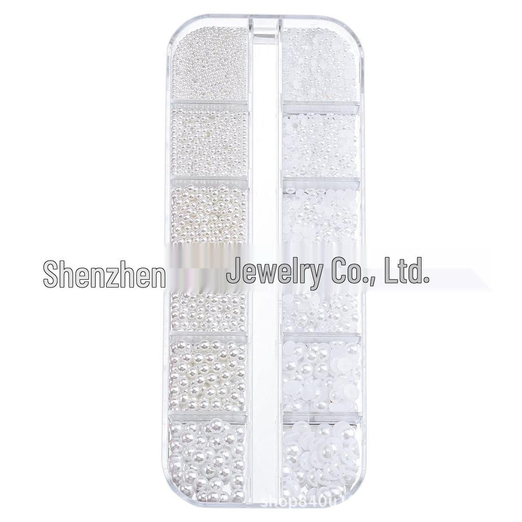 12 Grids Nail Art Decorations: Glossy Mixed Sizes 3D Pure White Semi-Circular & Full Circle Pearl Accessories