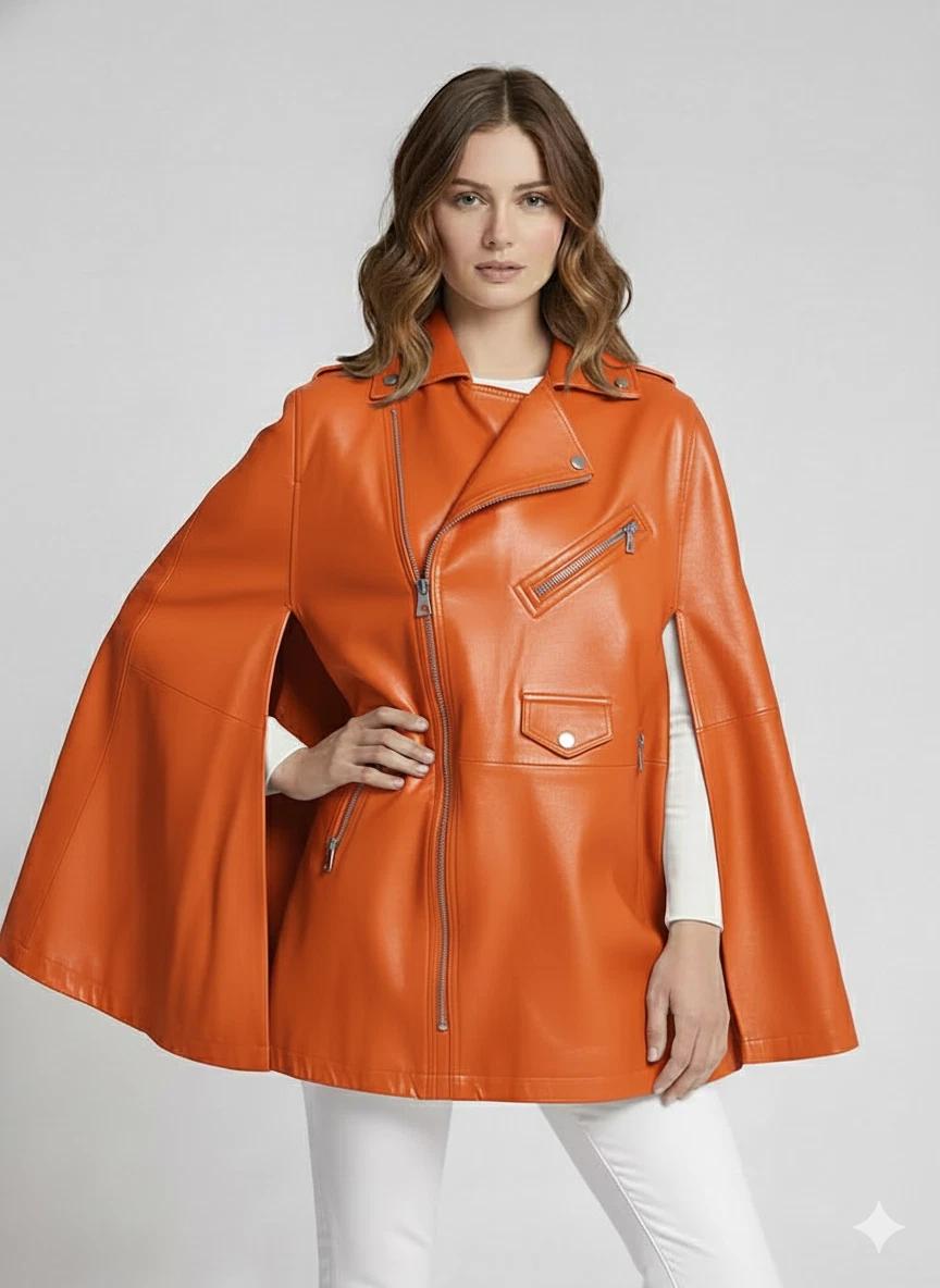 

Женская стильная оранжевая уникальная куртка-пончо из натуральной овечьей кожи Повседневная одежда Байкерская S оранжевый