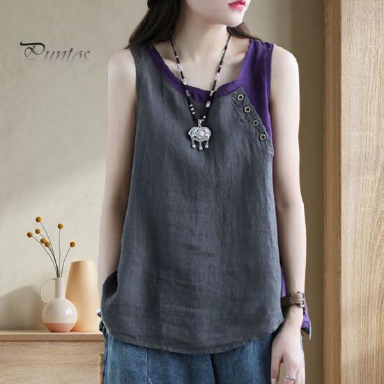 Summer Blouse Women Tank Top Contrast Color Patchwork Round Neck Sleeveless Thin Match Pants Casual Vintage Plus Size Lady T-shirt Clothes
