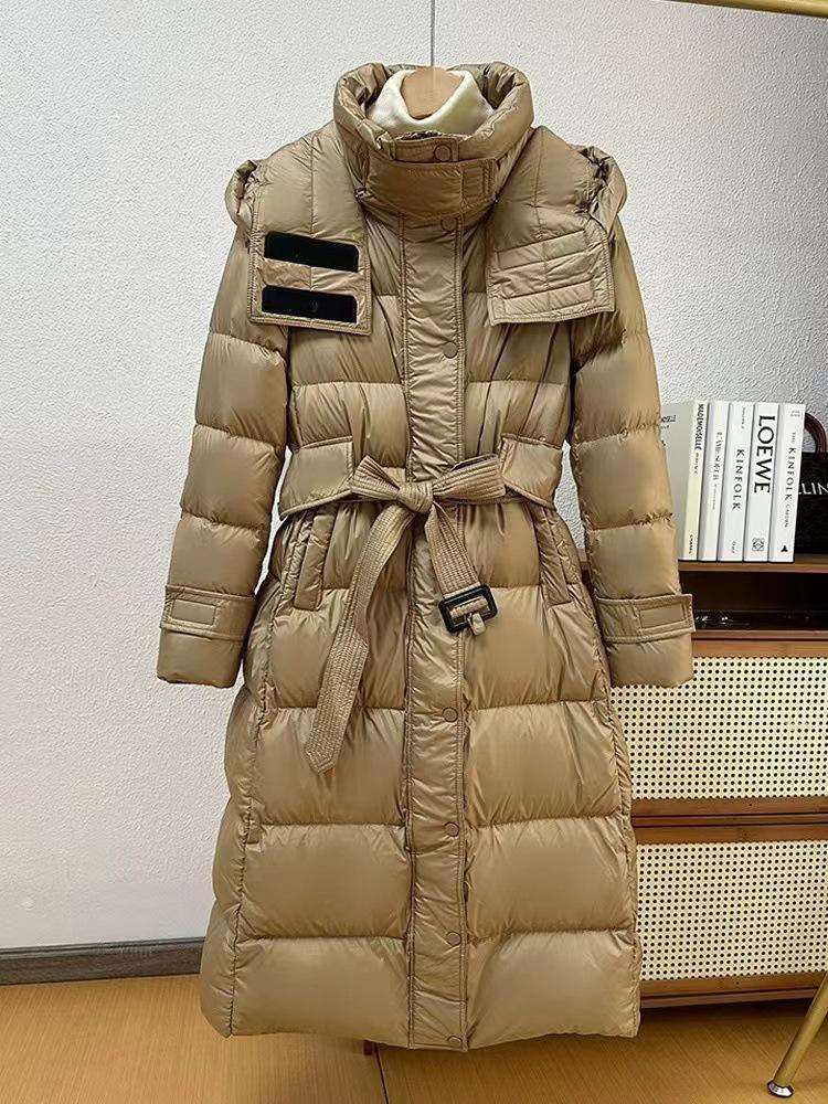 High-end down jacket women's medium and long hooded waist and thin new national standard white duck down jacket temperament trench coat