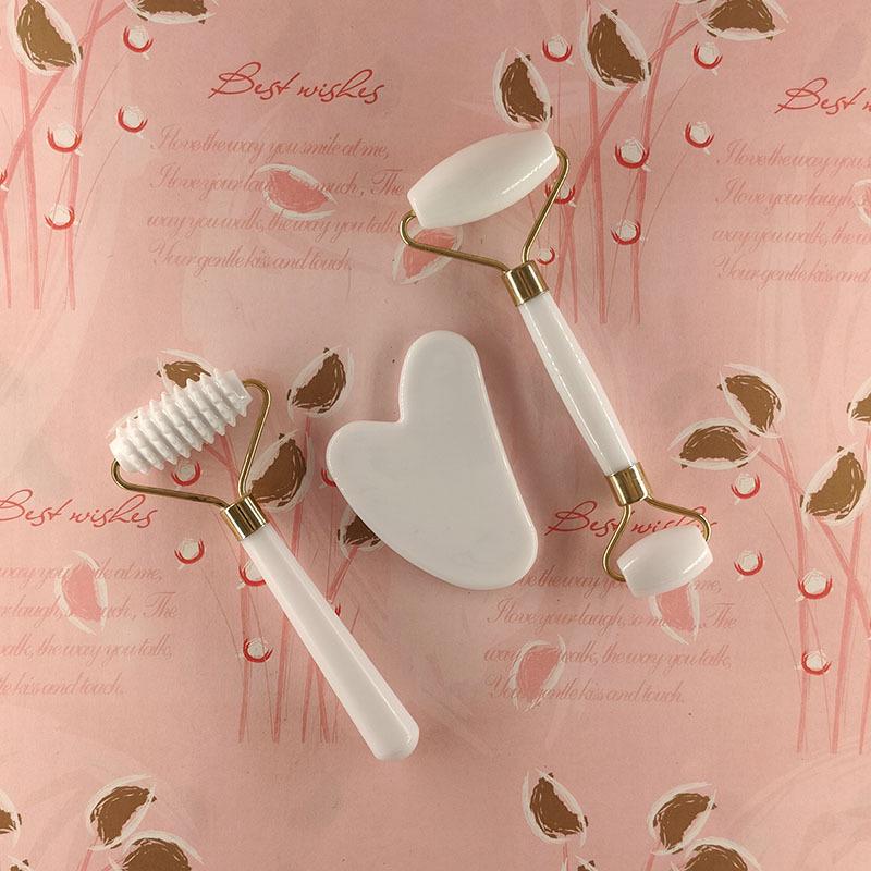 3-Piece Set: Imitation Jade & Rose Quartz Gua Sha Boards with Spiky Roller Facial Massager