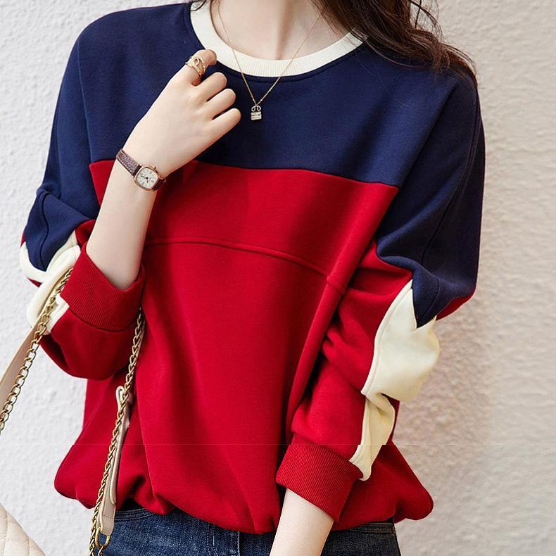 Women's Crew Neck Long Sleeve Sweatshirt Loose Fit Casual Color Block Patchwork Contrast Pullover Top Blouse