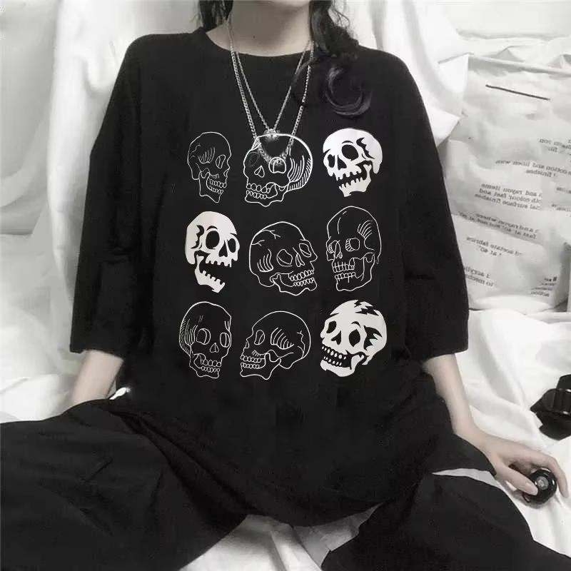 Dark Border Streetwear Graphic T Shirts Women Couple T Shirts Women Skull Print Gothic T Shirts Grunge Aesthetic Gothic T Shirts