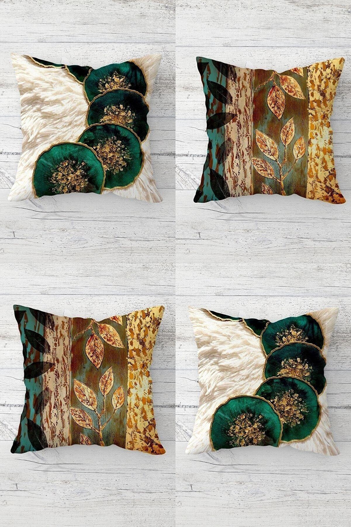 

Floral Patterned and Gold Leaf Throw Pillow Cover with Hidden Zipper, Sofa Pillow Case Set (4pcs)