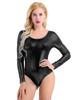 Women Adult Shiny Patent Leather Long Sleeves One-piece Leotard Bodycon Bodysuit Dancewear