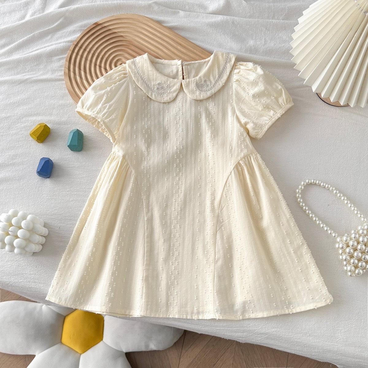 Summer Girls Puff Sleeve Dress With Doll Collar And Embroidery Princess Cotton Party Wear 90cm
