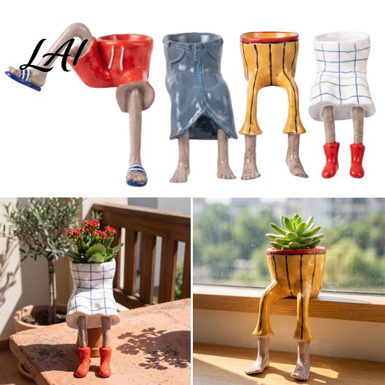Small Decorative Plant Vase Sitting Human Shaped Resin Planter Creative Flowerpot with Legs Leggy Planter for Indoor Humanoid Succulents &