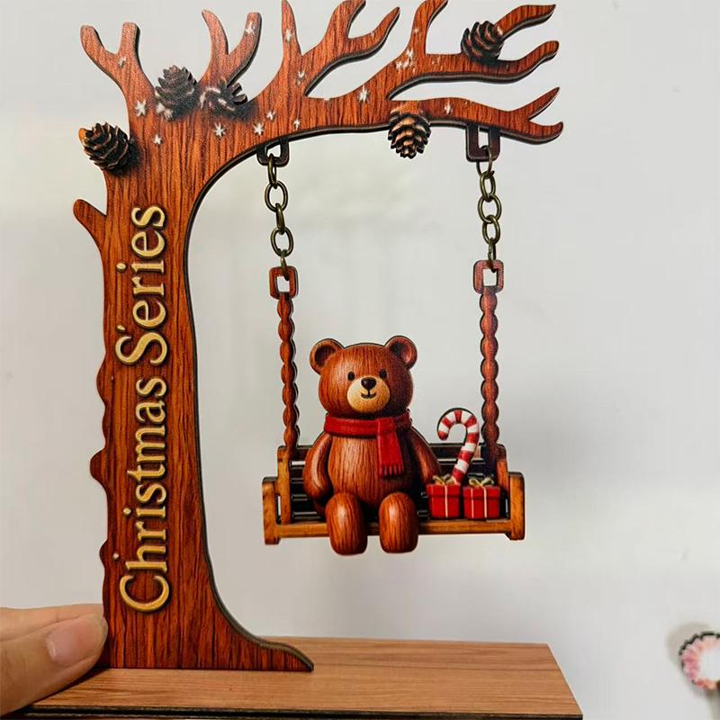 Wooden Christmas Santa Claus Swing Ornament With Moon Framed And Festive Details Perfect For Home Tabletop Xmas Decor