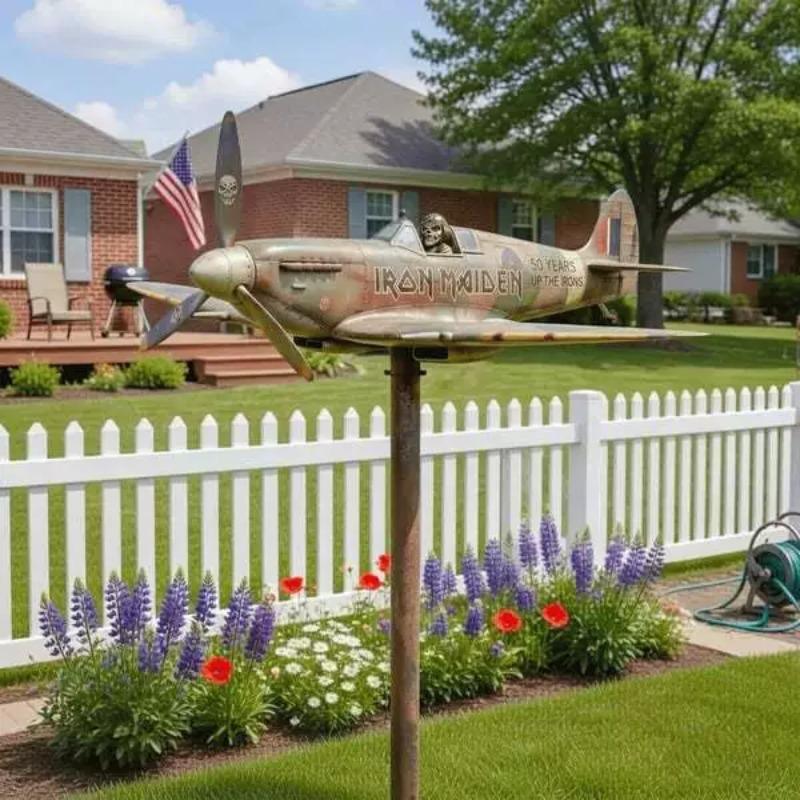 Garden Wind Spinner, Green Tractor Motocycle Fighter Jet Windmill Stake with Rotating Wheels for Patio Yard Garden,Unique Outdoor Sculptures Ornament