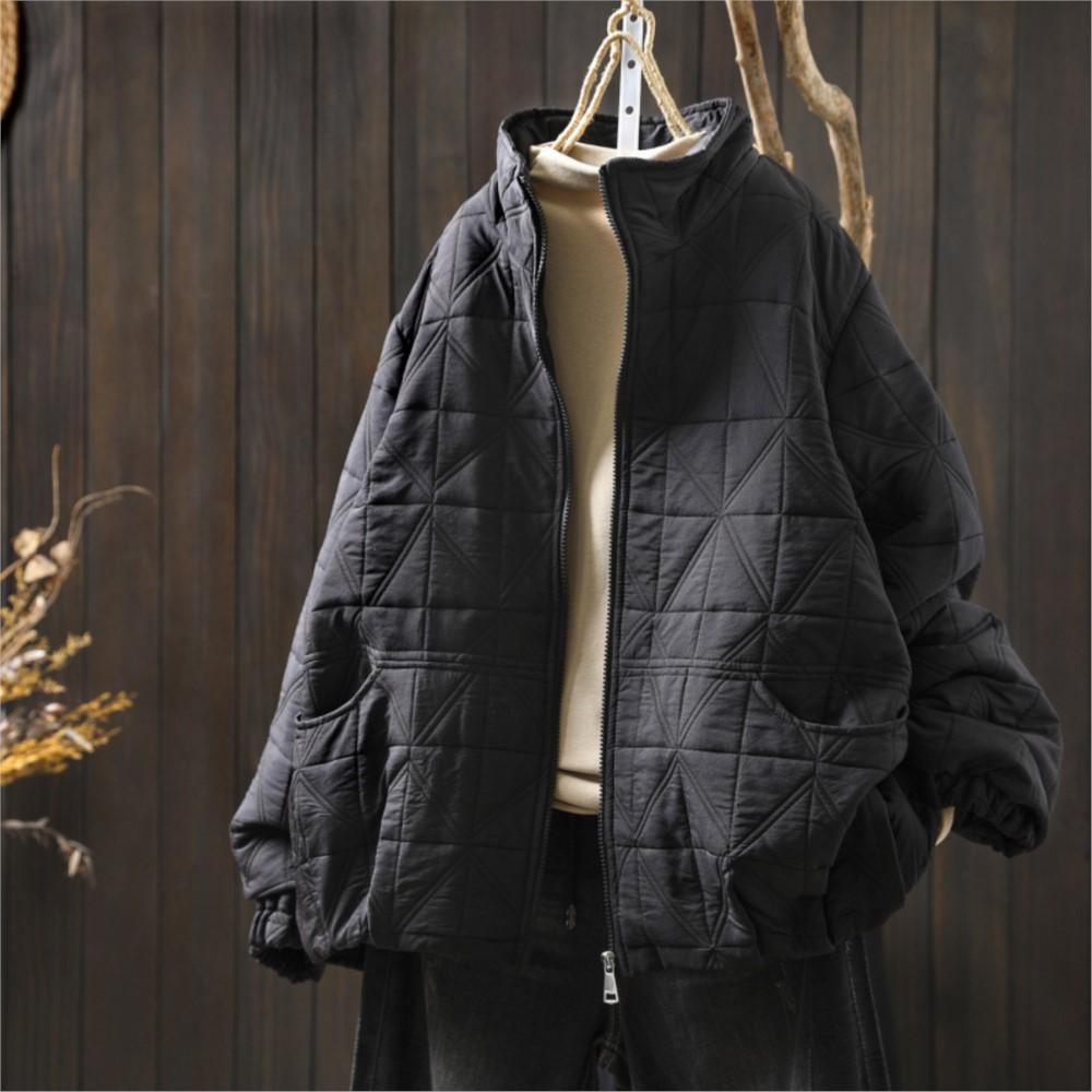 Johnature Women Vintage Winter Zipper Jackets Turtleneck Solid Color Long Sleeve Patchwork Pockets Casual Jackets Coats