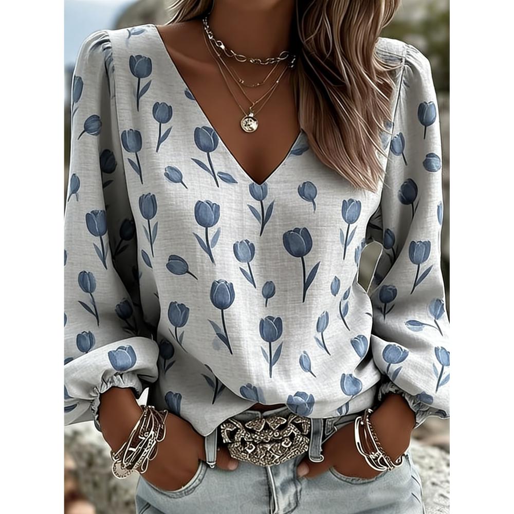 Printed women s summer vintage Bohemian casual long-sleeved shirt, long-sleeved button-down shirt for women, elegant and loose-fitting top for women S