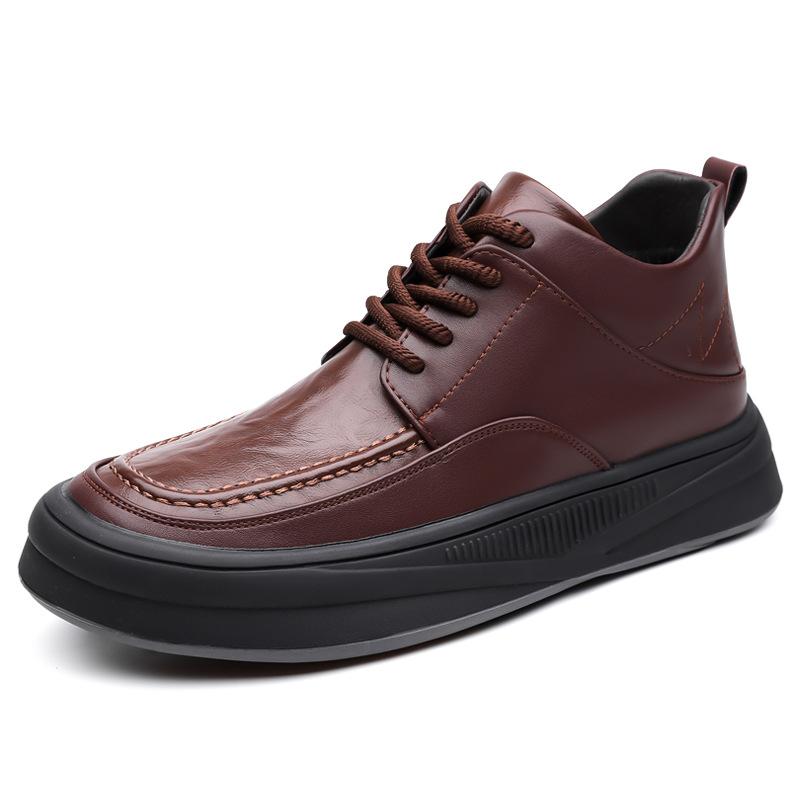 

Men s trendy Martin boots round head waterproof and non-slip front lace-up foot sleeve medium and high short boots solid color autumn and winter 44 коричневый