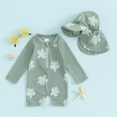 Tregren Kostium Kąpielowy Rash Guard dla Małych Chłopców z Długim Rękawem z Nadrukiem Żółwia/Dinozaura Kostium Kąpielowy dla Niemowląt Stroje Kąpielowe z Czepkami Kąpielowymi Odzież Plażowa