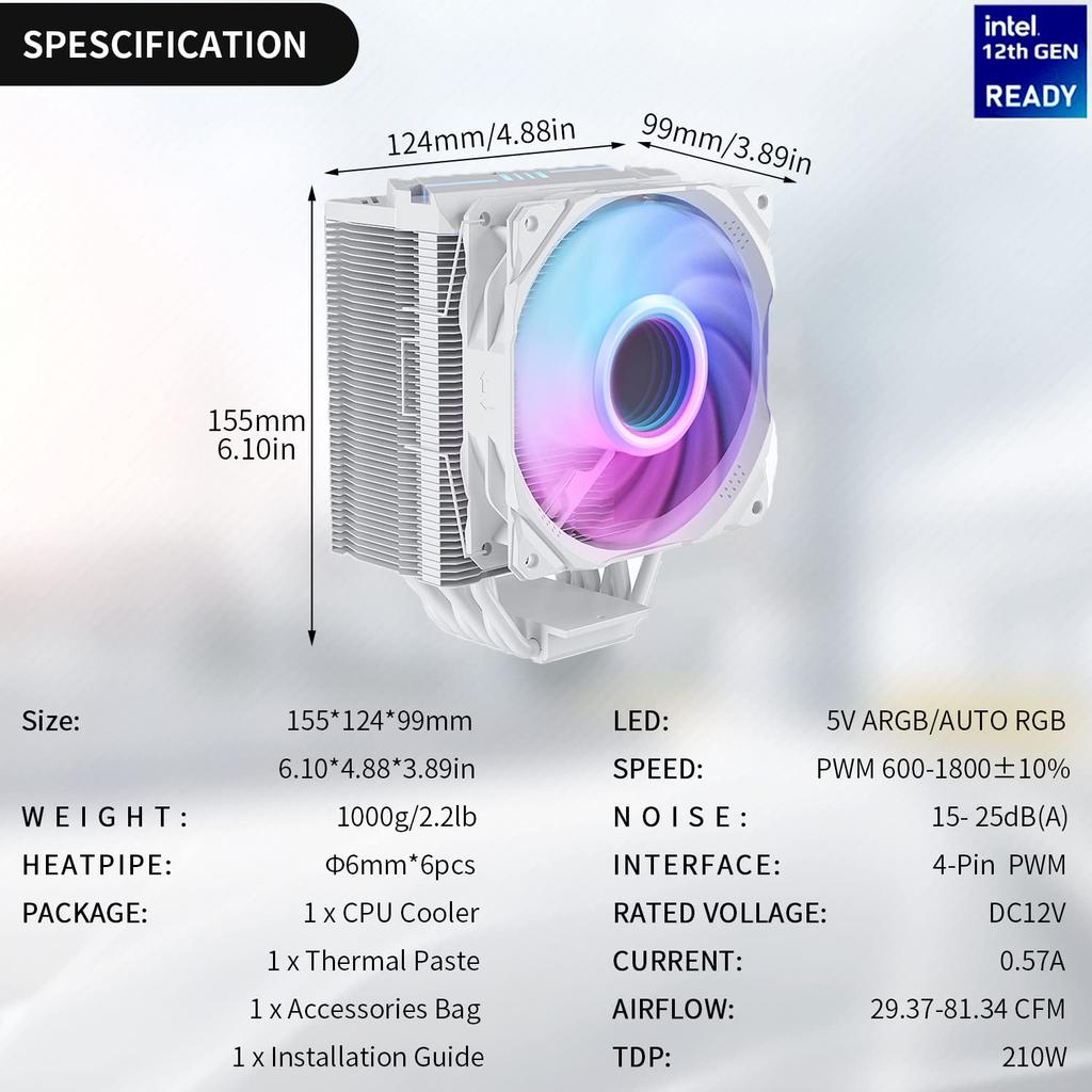 upHere CPU Cooler Side Flow Type LGA1700 Compatible High Performance ARGB PWM Fan AURA Sync 5V 3PIN RGB 6 Hot Pipes AM4 Compatible White ARGB/Auto