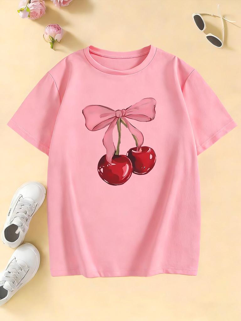2026 Girls Y2k Bow with Cherry Fashion T Shirts Kids Children's T-shirt Girls Summer Spring Casual Top Tee
