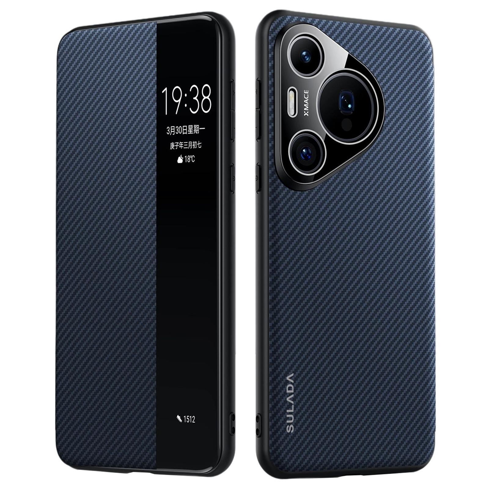 

SULADA Чехол для Huawei Pura 70 Pro/Pura 70 Pro+ с окошком для просмотра, кожаная накладка с текстурой углеродного волокна Blue