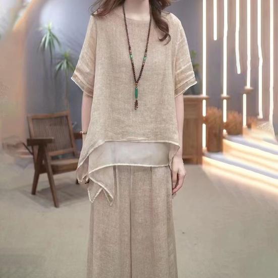 2 Pcs/Set Women Top Pants Set Round Neck Half Sleeves Irregular Hem Blouse Wide Leg Elastic Waist Wide Leg Trousers Daily Leisure Dating Outfit