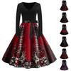 Women's Vintage Retro Long Sleeve V-Neck Flared Dress with Halloween Print for Party