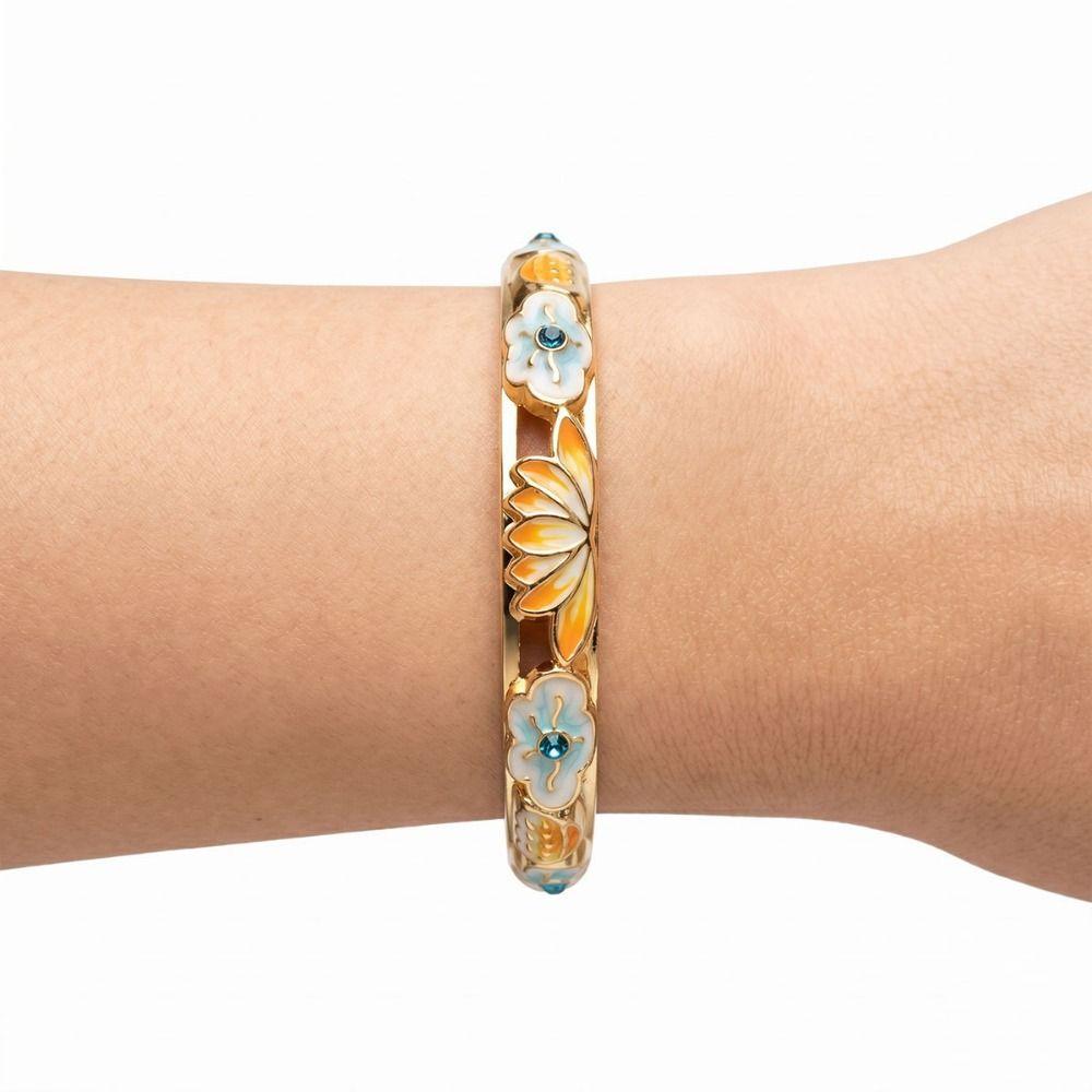 Gold Plated Enamel Floral Bangle Chinese Style Cloisonne Bangle Women's Flower Bracelet  Ladies