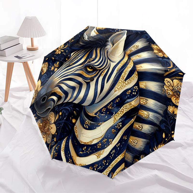 1 PC Automatic Folding Umbrella - Golden Zebra Pattern, Portable & Foldable Design with 8 Ribs, Christmas Birthday Gifts