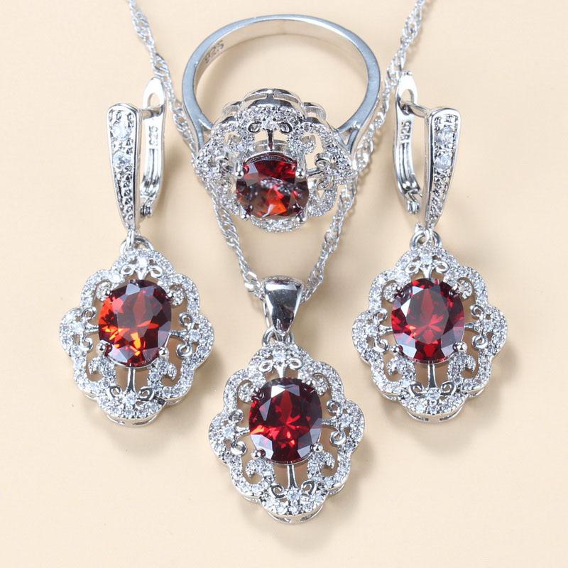 Women Wedding Jewelry Bridal Red Garnet Cz Earrings Pendant Necklace Bracelet And Ring Gift Sets