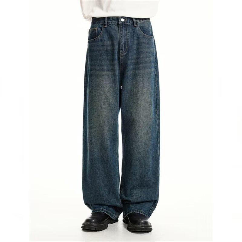 Men's Retro Distressed Wide-Leg Jeans - High Street Fashion, Loose, Straight, Floor-Length.