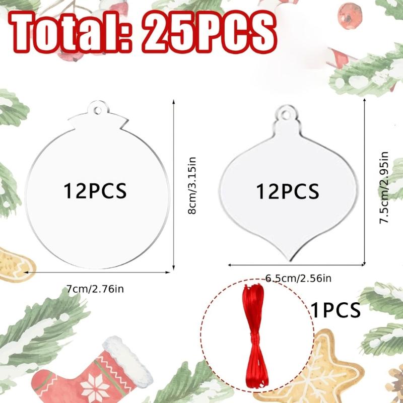 25PCS Clear Christmas Ornament Blanks Unbreakable Acrylic Hanging Decorations for Custom Holiday Crafts