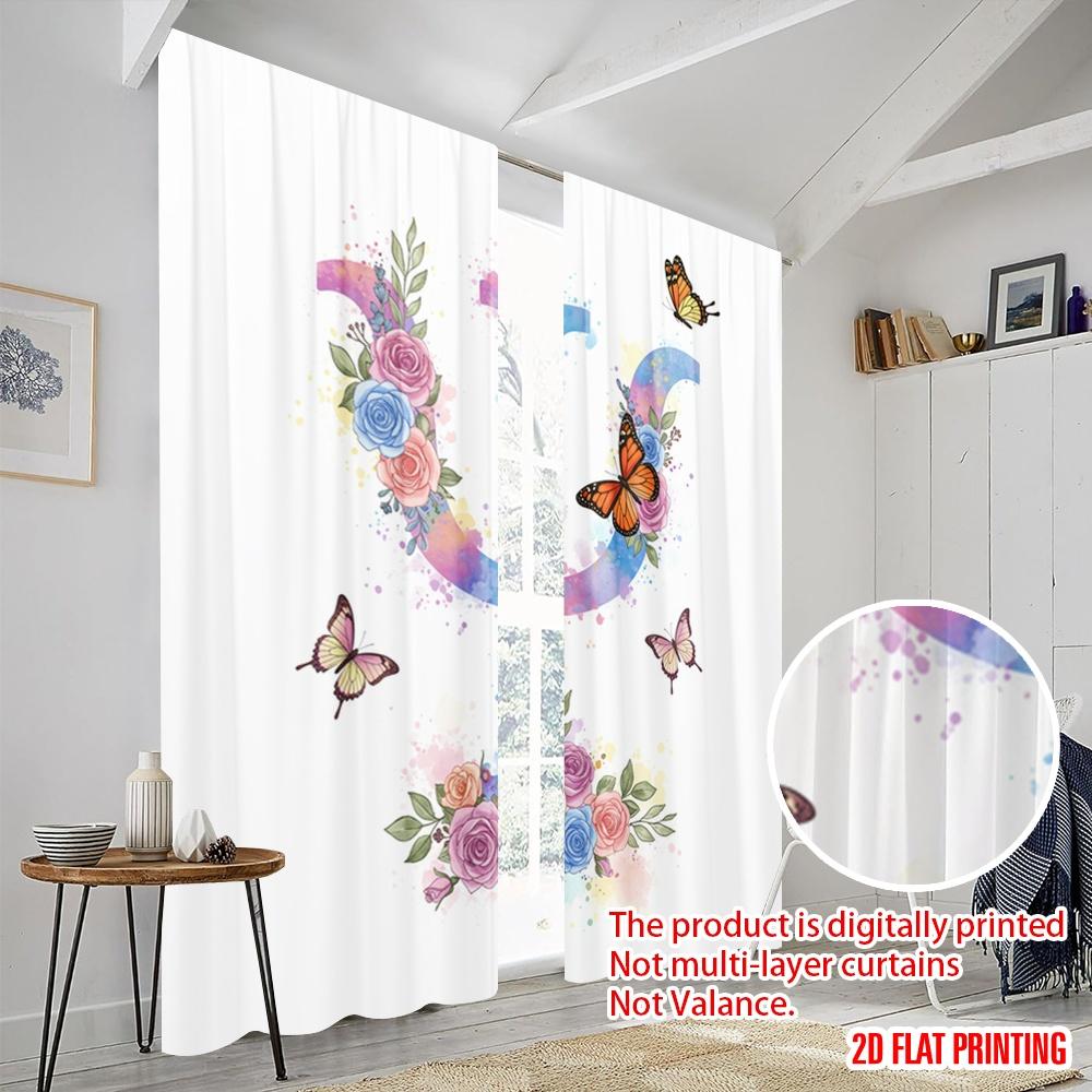 2pcs 2D flat printing Scene Curtains Psychology Butterfly Floral Polyester Without Electricity Festive Wall Decor for Indoor