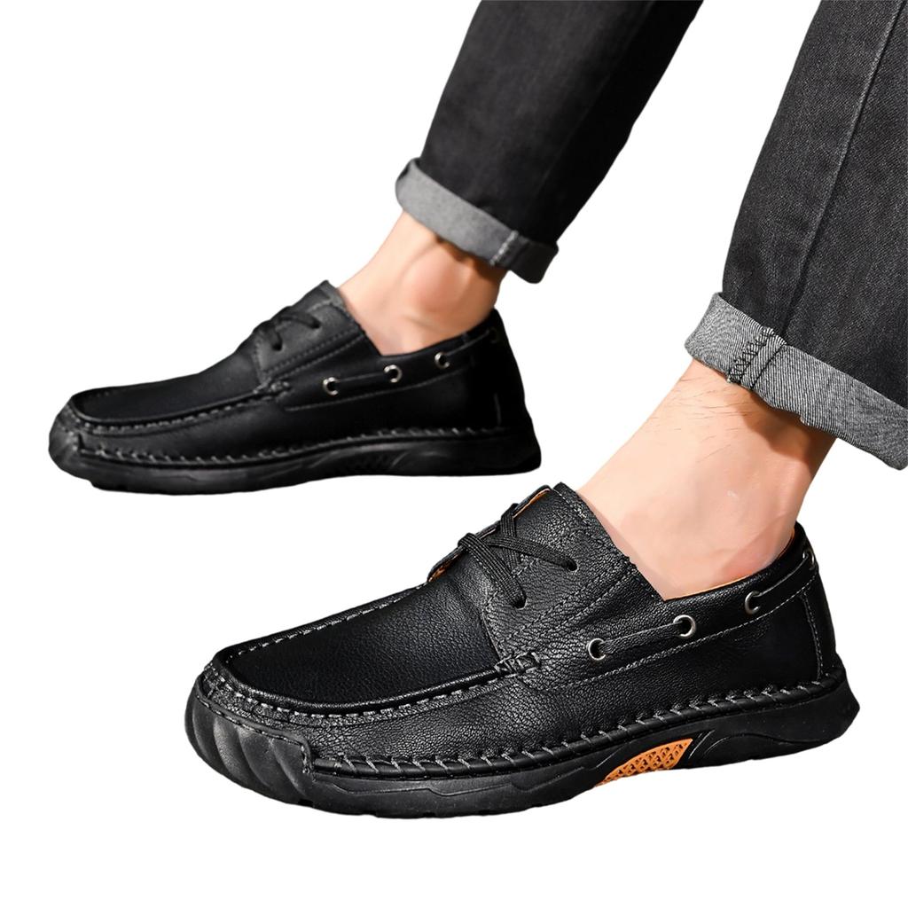 Men's Casual Large Size Lace-Up Round Toe Leather Loafers Slip-On Shoes Durable Flexible Sole Comfortable Fit
