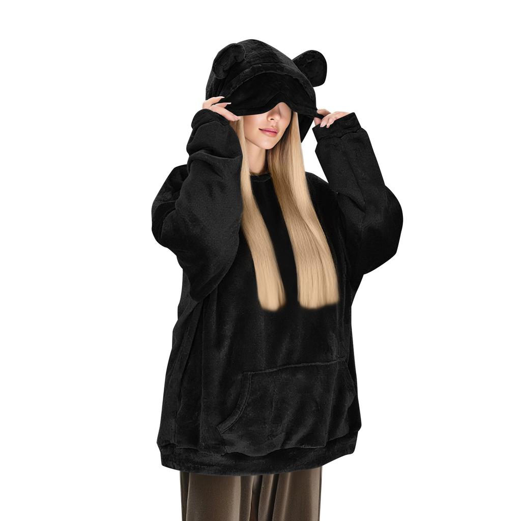 Women's Comfortable Furry Hooded Long Sleeve Sweatshirt With Eye Mask