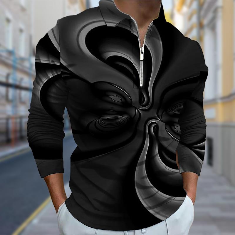 Polo Shirts Men Long Sleeve Symmetrical Luminescence Print New Men's Polo Shirt Long Sleeve Zipper T-shirt Top