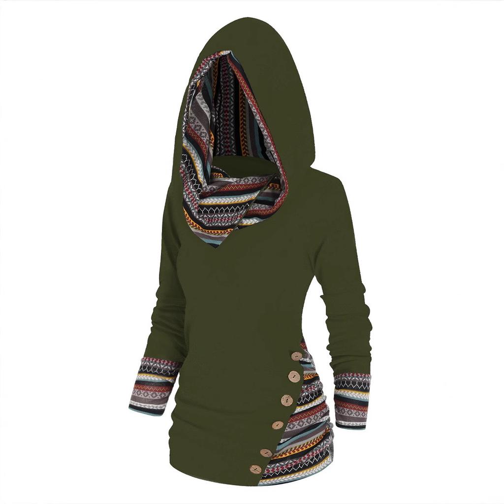 Tribal Geometric Stripe Splicing Hooded Knitted Long Sleeve Button Top Casual Ethnic Sweater Women