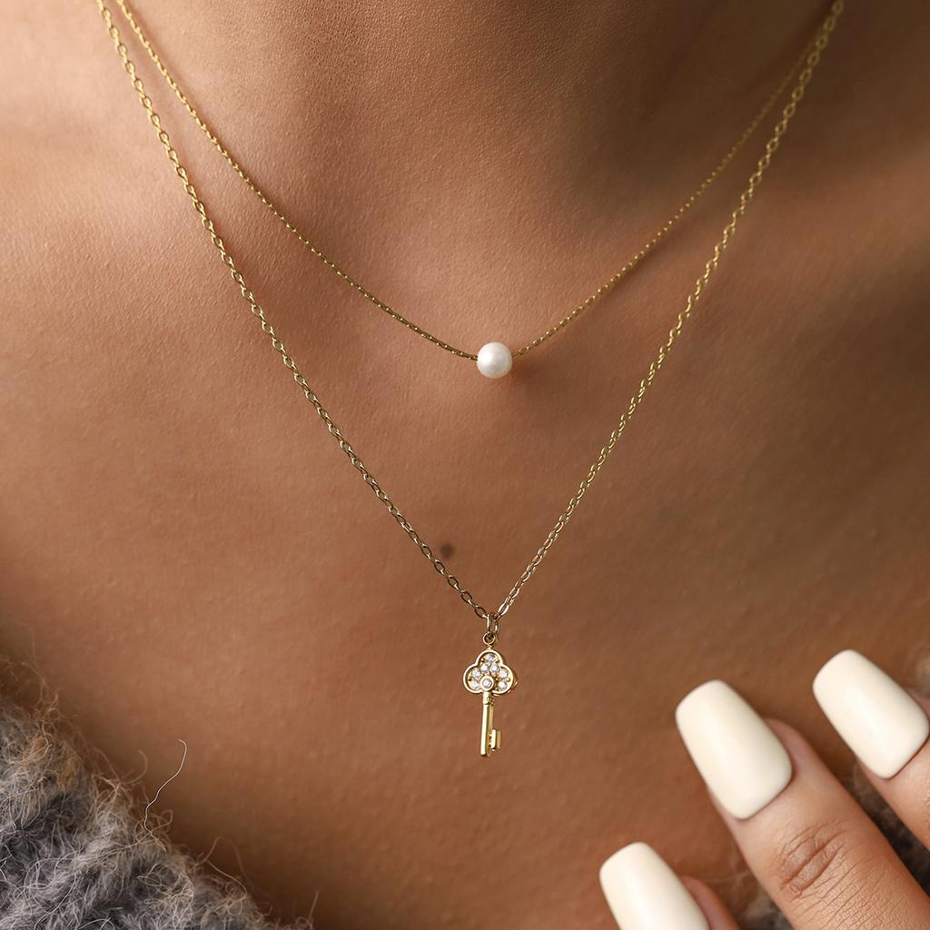 18K Gold Plated CZ Zircon Pearl Layered Necklace for Women Stainless Steel Key Charm Clover Pendant Jewelry Gift Custom`