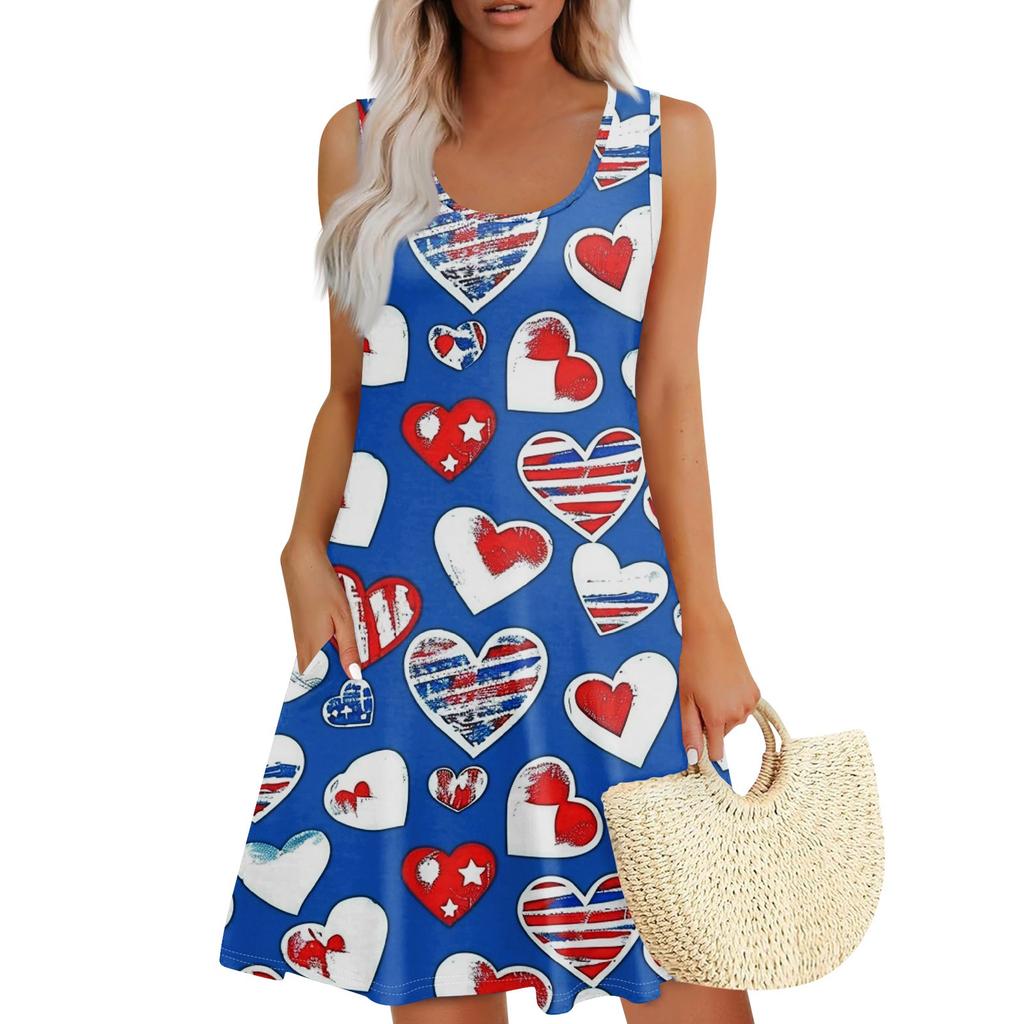 Women's Summer Casual Square Neck Independence Day Printed Dress Sleeveless Dress With Pockets