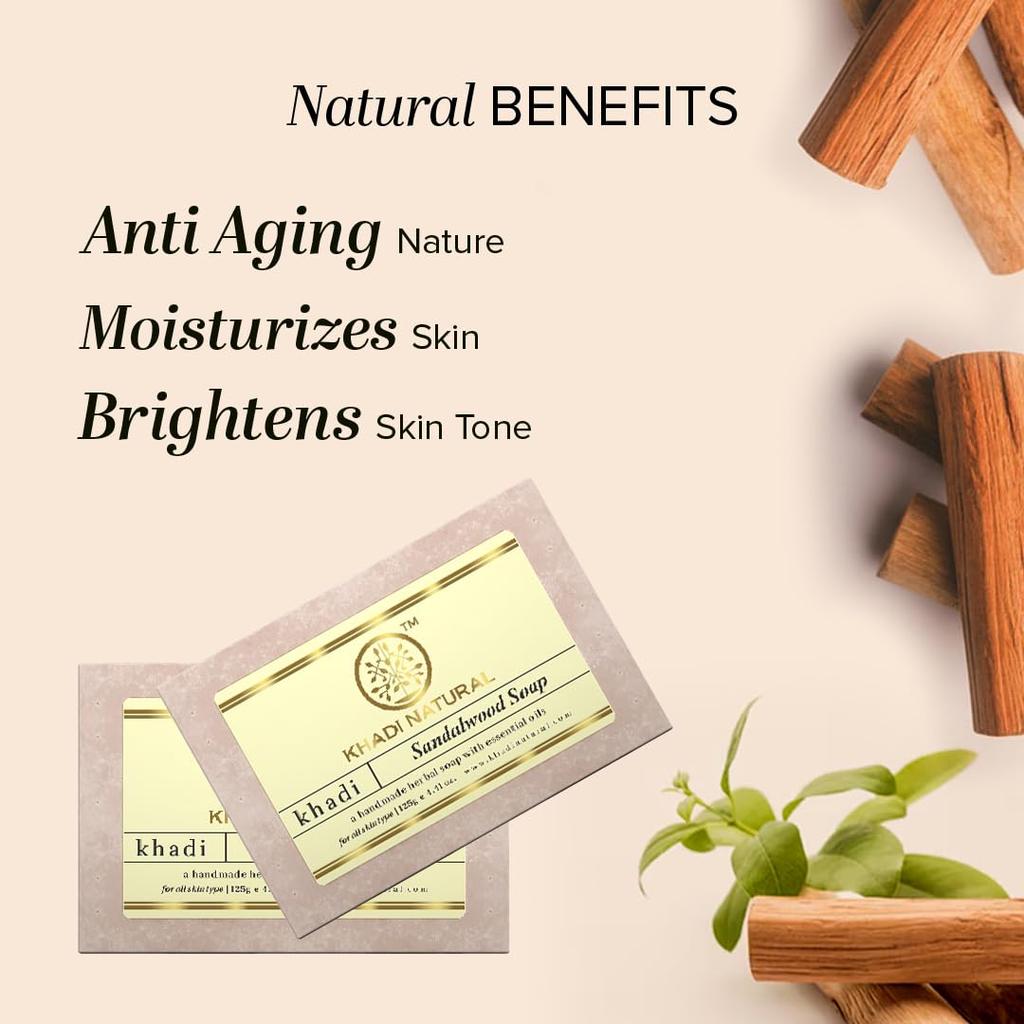 KHADI NATURAL Sandalwood Handmade Bath Soap For Hydrated Skin Gentle Cleansing Bar Suitable For All Skin Types Pack Of 1 (125GX8PCS)
