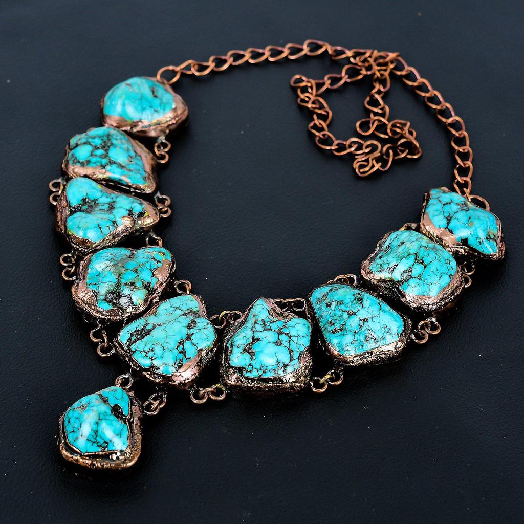 Turquoise Tumble Copper Electroformed Necklace with Adjustable Chain, Handmade Gemstone Jewelry Necklace For Memorial Day