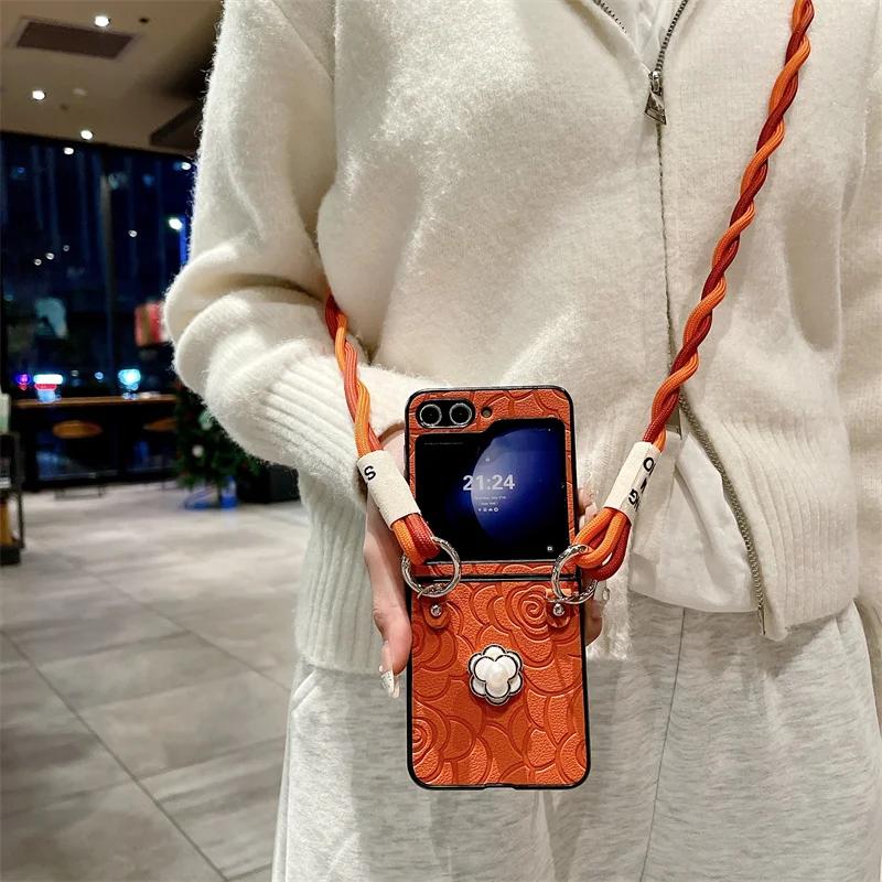 Crossbody Leather Flower Phone Case for Samsung Galaxy Z Flip 6 5 4 3 Flip6 Flip5 Flip4 Flip3 5G Hard Shell Shockproof Cover