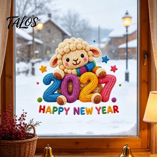 Removable Holiday Stickers Chinese New Year Window Stickers, 2027 Goat Static Clings, Reusable Easy Apply Film Crochet Knit Lamb Decor for Home