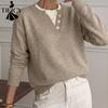 Pulls à manches longues et col rond pour femmes, mode décontractée, automne-hiver, imprimé en blocs de couleurs
