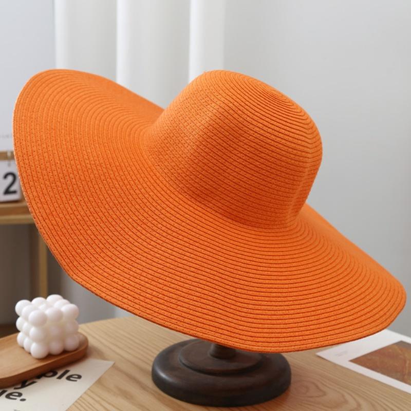 15cm Wide Brim Straw Hats For Women Summer Floppy Foldable Portable Beach Hat Girls Simple Solid Color Uv Protection Lady Panama