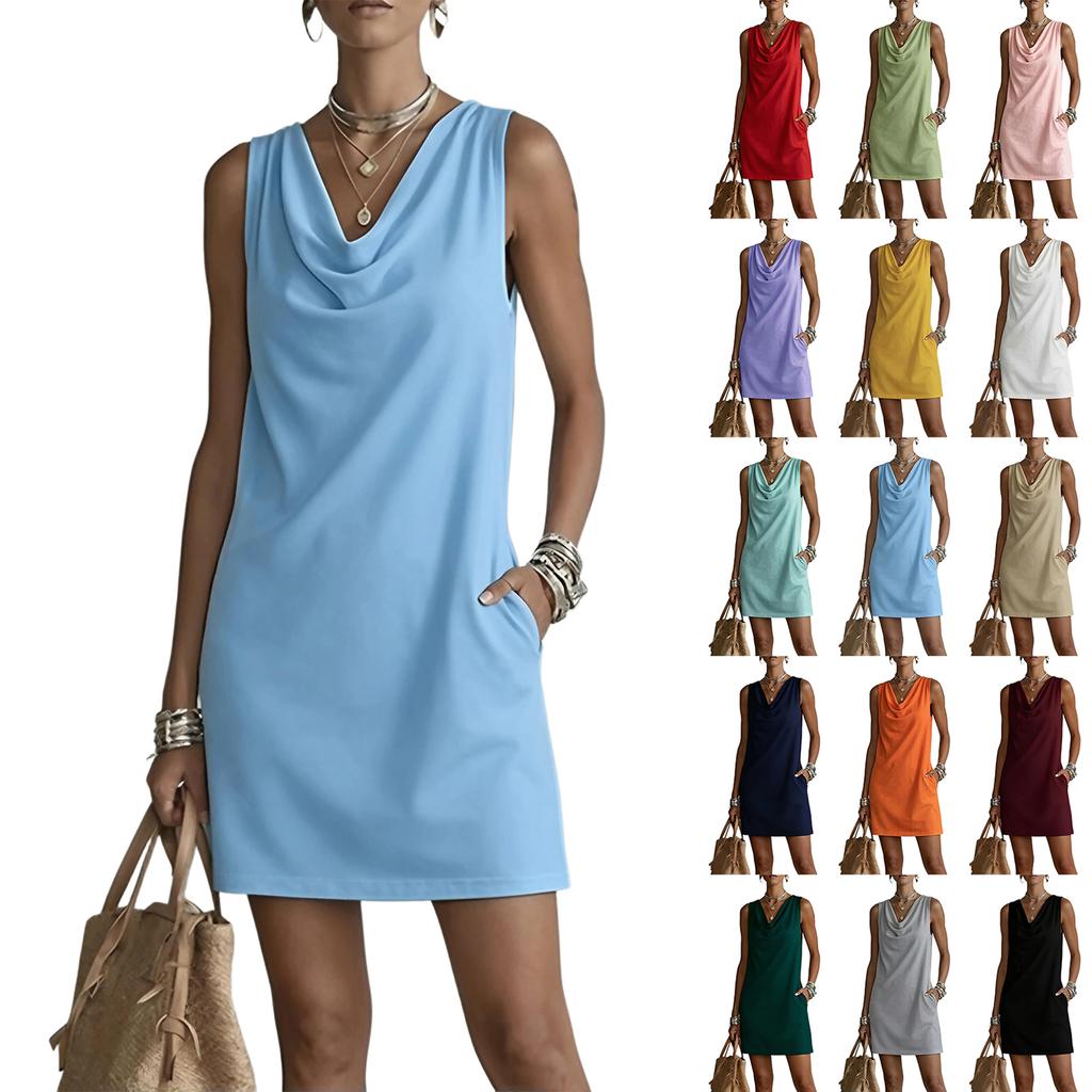 Women's Color Sleeveless Loose Fit Cowl Neck Dress for Casual Daily Wear