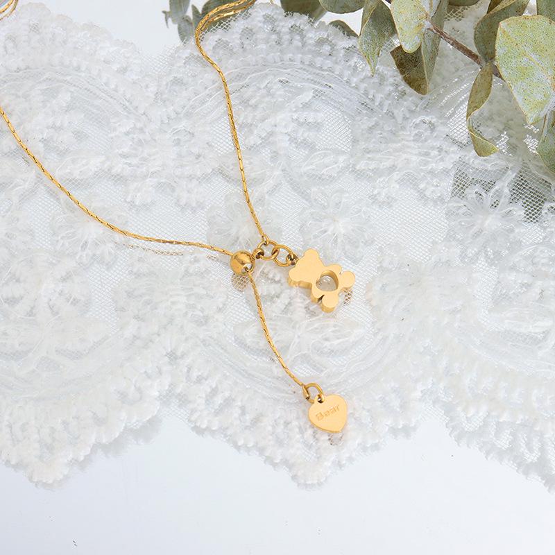 Adjustable Titanium Steel Heart-Shaped Necklace with Bear Pendant: European & American Retro Style