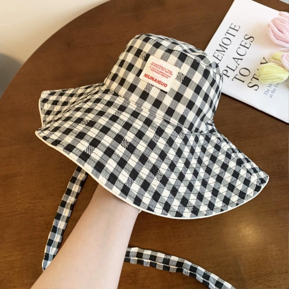 Korean Style Fisherman Hat Versatile Large Brim Sun Cap New Plaid Bucket Hat  for Summer Travel