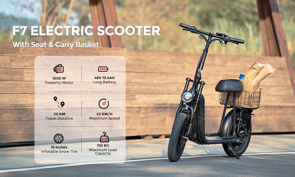 iScooter F7 Electric Scooter 1000W Motor 10.4Ah Battery 16'' Pneumatic Snow Tires 25KM/H Max Speed 64-72KM Range Adult Electric Scooters