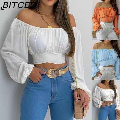 Spring/Summer Women's Off-the-Shoulder Cross-Strap Long-Sleeved Top