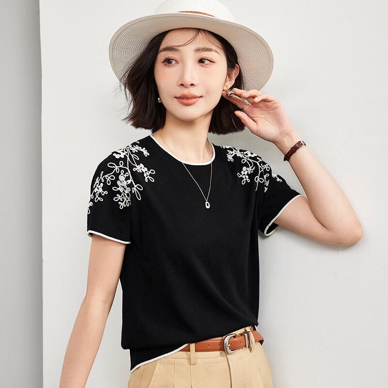 Wudao Women's Silk-Blend Embroidered Knit T-Shirt
