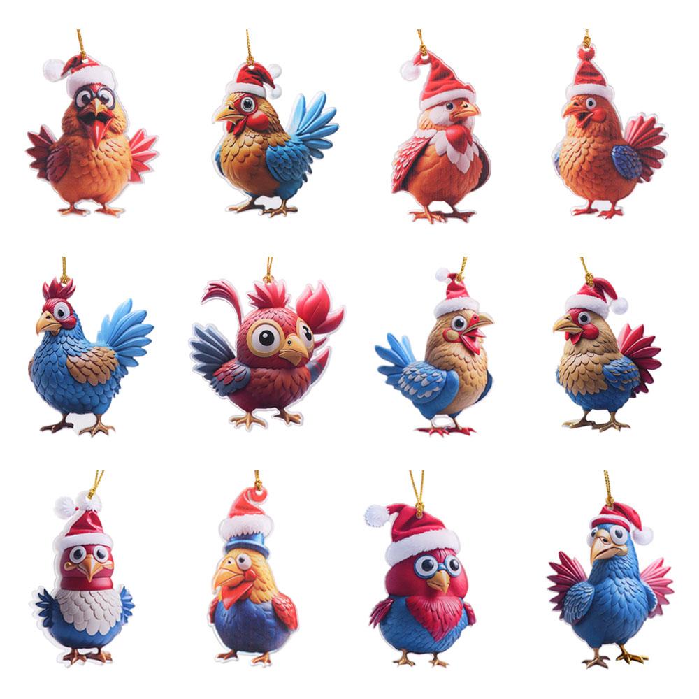 2D Christmas Rooster Ornament Cute Car Chicken Pendants Flat Rooster Pendant Party Supplies