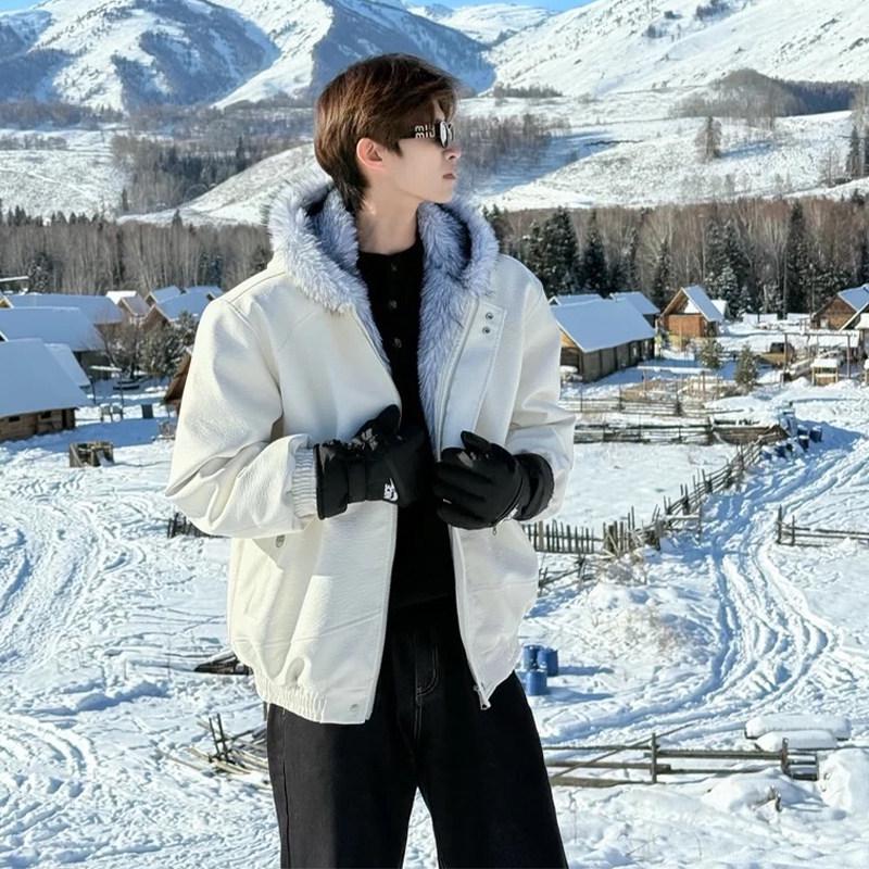 Unisex American Style Hooded PU Leather Jacket with Wolf and Eagle Design - Thick, Warm Cotton for Winter