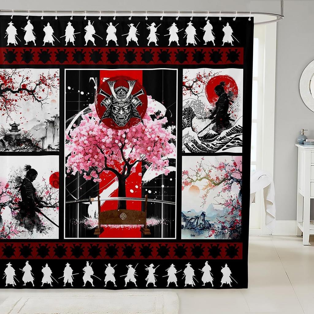 Kids Japanese Geisha Shower Curtain Boys Girls Cherry Blossoms Bathroom Shower Curtain Set Japanese Style Bath Curtain