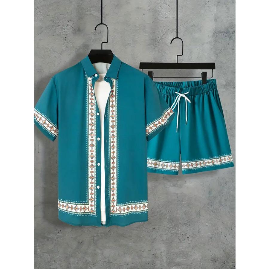 Hawaiianische Herren-Outdoor-Shorts, Kurzarmhemd und Strandshorts Set, Modischer Print 2XL blue